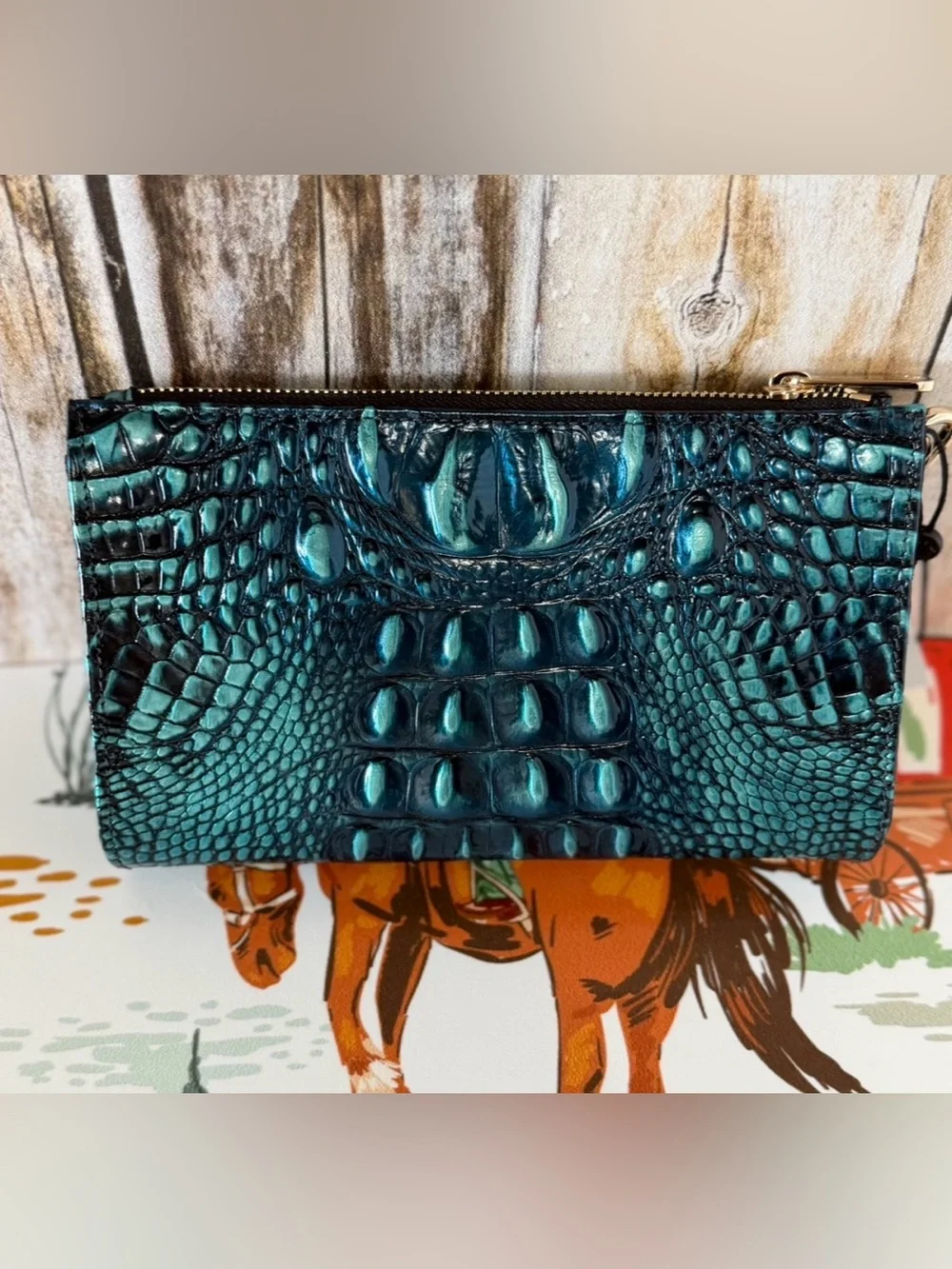 PERFECT EYE Brahmin DAISY Leather Wristlet Clutch BLUE PATINA assorted blue